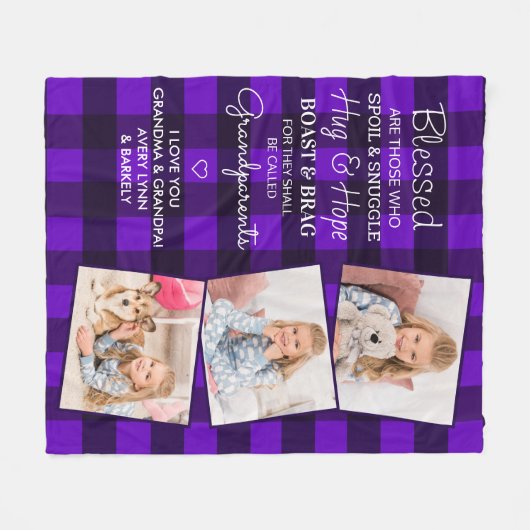 祖父母引用文カスタム3フォトパープルプレイド フリースブランケット (正面(横))