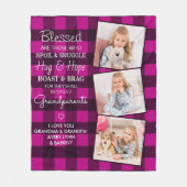 祖父母引用文カスタム3フォトピンクプレイド フリースブランケット (正面)