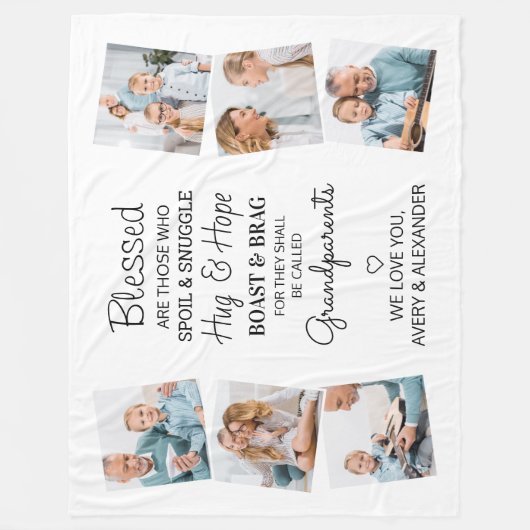 祖父母賛美引用文写真コラージュ フリースブランケット (正面)