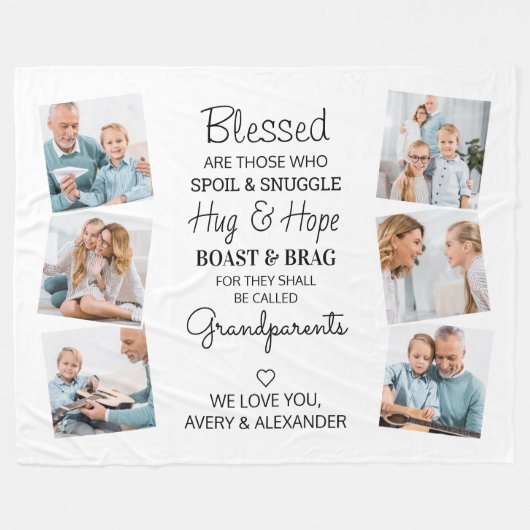 祖父母賛美引用文写真コラージュ フリースブランケット (正面(横))
