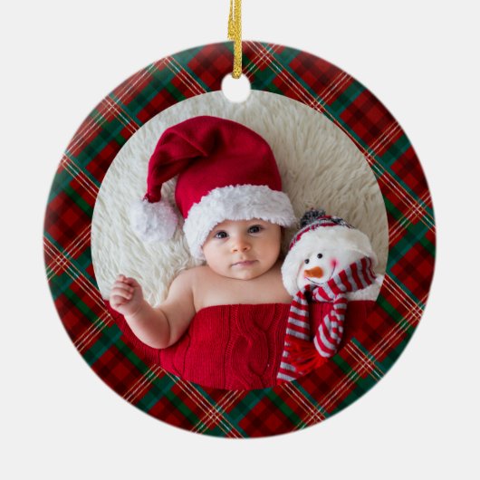 祖父母1stクリスマスフォトレッドグリーンプレイド セラミックオーナメント (裏面)