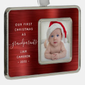 祖父母1stクリスマスフォトレッドブラッシュメタル シルバープレートフレームオーナメント (右)