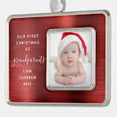 祖父母1stクリスマスフォトレッドブラッシュメタル シルバープレートフレームオーナメント (左)