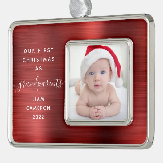 祖父母1stクリスマスフォトレッドブラッシュメタル シルバープレートフレームオーナメント (左)