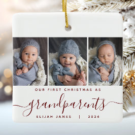 祖父母1stクリスマス3写真Burgundy Script セラミックオーナメント