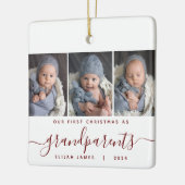 祖父母1stクリスマス3写真Burgundy Script セラミックオーナメント (左)
