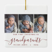 祖父母1stクリスマス3写真Burgundy Script セラミックオーナメント (裏面)