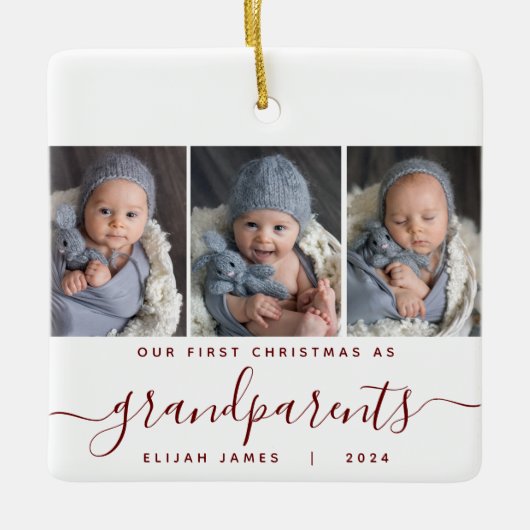 祖父母1stクリスマス3写真Burgundy Script セラミックオーナメント (正面)
