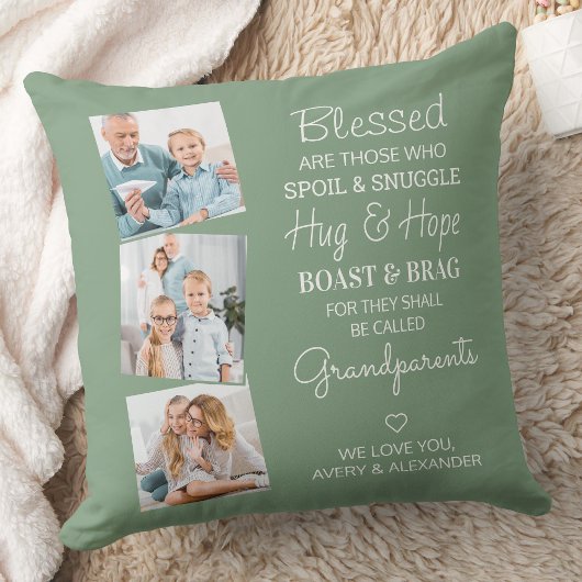 祖父母3 Photo パーソナライズされた Sage Green クッション