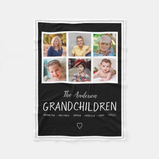 祖父母6の写真のコラージュのパーソナライズな黒 フリースブランケット (正面)