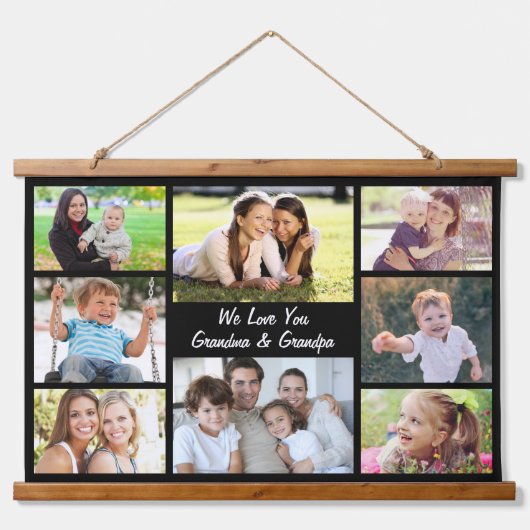 祖父母8フォトコラージュ黒 吊り下げ型タペストリー (正面)