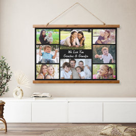 祖父母8フォトコラージュ黒 吊り下げ型タペストリー
