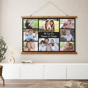 祖父母8フォトコラージュ黒 吊り下げ型タペストリー