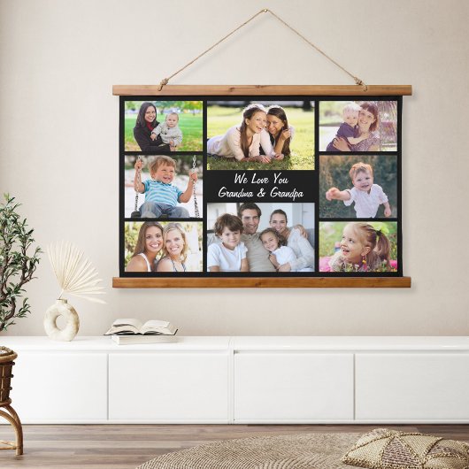 祖父母8フォトコラージュ黒 吊り下げ型タペストリー