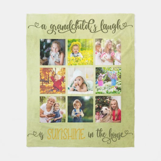 祖父母9スクウェア写真コラージンググリーン フリースブランケット (正面)