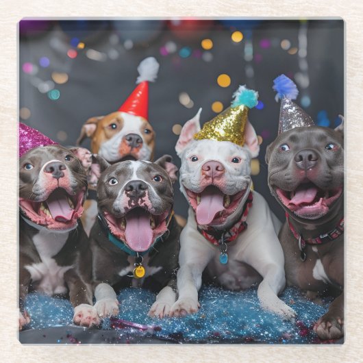 祝お正月とピットブル犬 ガラスコースター (正面)