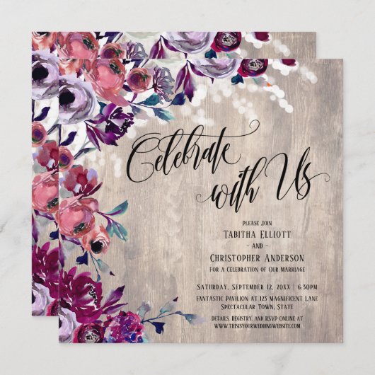 祝はっきりしたFlowers 淡い色の Wood & Lights 招待状 (正面/裏面)