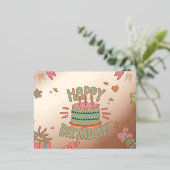 祝スタイル:お誕生日ケーキとハッピーバースデー 箔シーズンポストカード (立ち正面)