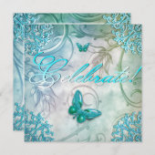 祝ティール（緑がかった色）ブルーバタフライフローラ誕生日 招待状 (正面/裏面)