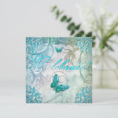 祝ティール（緑がかった色）ブルーバタフライフローラ誕生日 招待状 (スタンド正面)