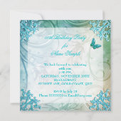 祝ティール（緑がかった色）ブルーバタフライフローラ誕生日 招待状 (裏面)