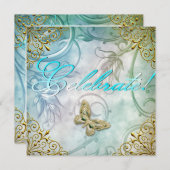 祝ティール（緑がかった色）ブルーバタフライフローラ金ゴールドパーティー 招待状 (正面/裏面)