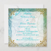 祝ティール（緑がかった色）ブルーバタフライフローラ金ゴールドパーティー 招待状 (裏面)