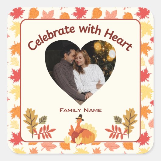 祝ハート付き – カスタム家族の名前と写真 スクエアシール (正面)