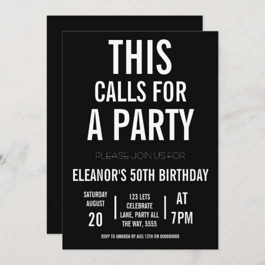 祝パーティー大人の白黒ミニマル 招待状 (正面/裏面)