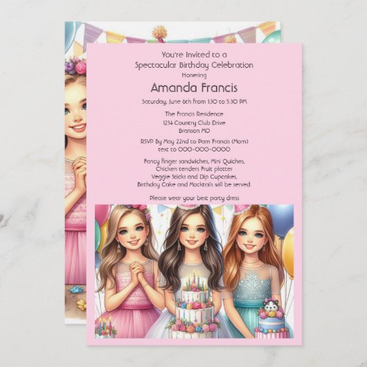 祝ファンシー10代の女の子の誕生日パーティー 招待状 (正面/裏面)