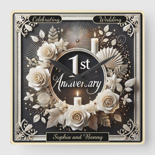 祝一周年記念の美しさ スクエア壁時計 (正面)