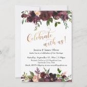 祝一緒に!ダークレッドブルゴーニュフローラ&金ゴールド 招待状 (正面)