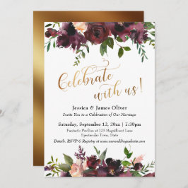祝一緒に!ダークレッドブルゴーニュフローラ&金ゴールド 招待状