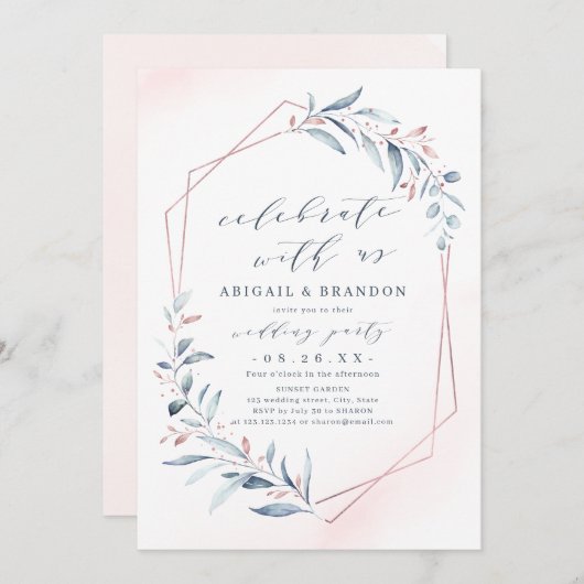 祝一緒に!バラ金ゴールドほこりっぽい青い緑 招待状 (正面/裏面)