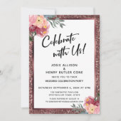 祝一緒に！バラ金ゴールドグリッターと花 招待状 (正面)