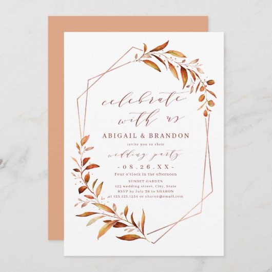 祝一緒に!秋緑結婚幾何学模様 招待状 (正面/裏面)