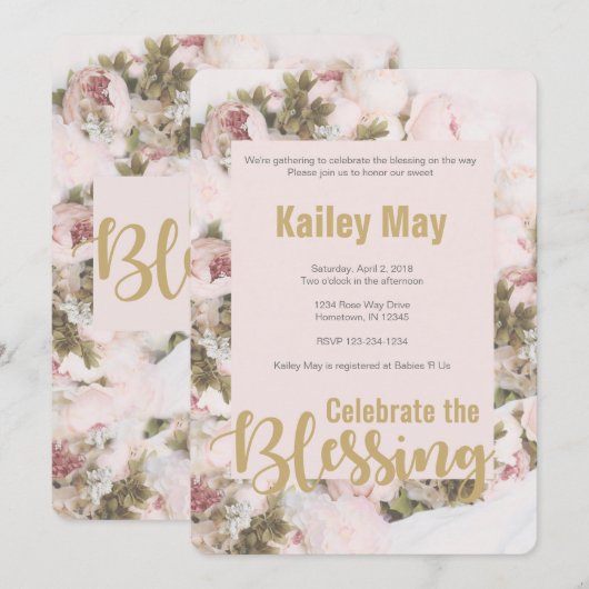 祝恵み-バラBabyshowerカード 招待状 (正面/裏面)
