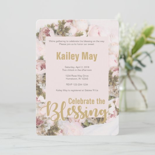 祝恵み-バラBabyshowerカード 招待状 (スタンド正面)