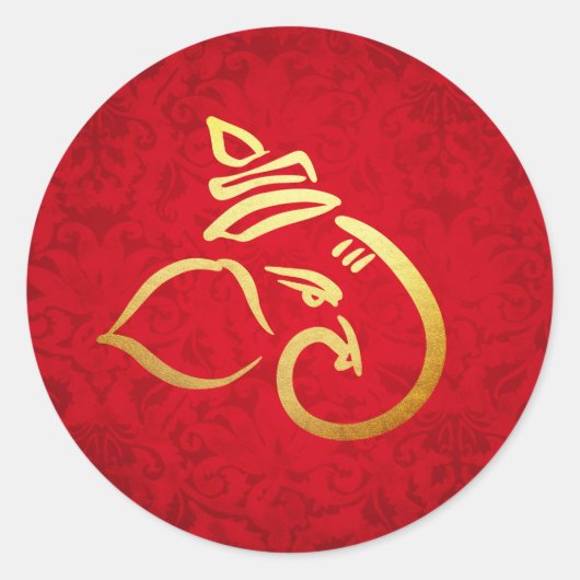 祝祭のガネーシャ | ガンパティ | インドの神 ダマスク レッド ラウンドシール (正面)