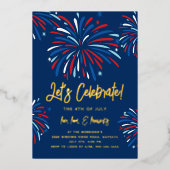 祝祭的な花火　お祭り　7月4日パーティ　本物の金 箔招待状 (正面)
