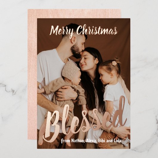 祝福された家族の写真 本物のホイルを使ったホリデーカード 箔シーズンカード (正面/裏面)