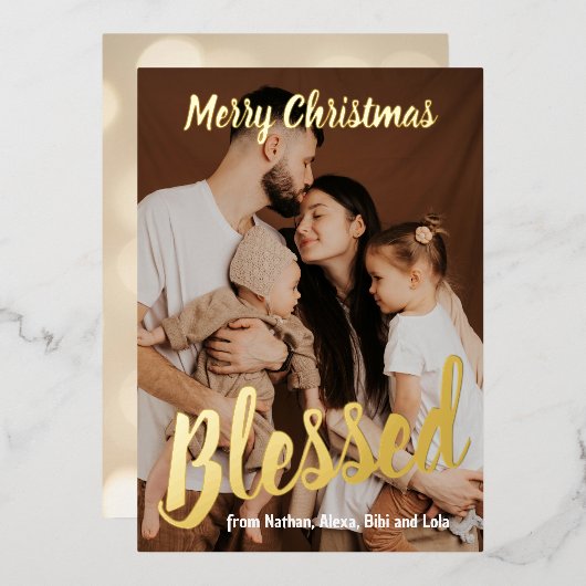 祝福された家族の写真 本物のホイルを使用したホリデーカード 箔シーズンカード (正面/裏面)