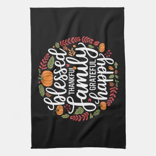 祝福された感謝に満ちた家族の感謝祭の食事 キッチンタオル (縦)