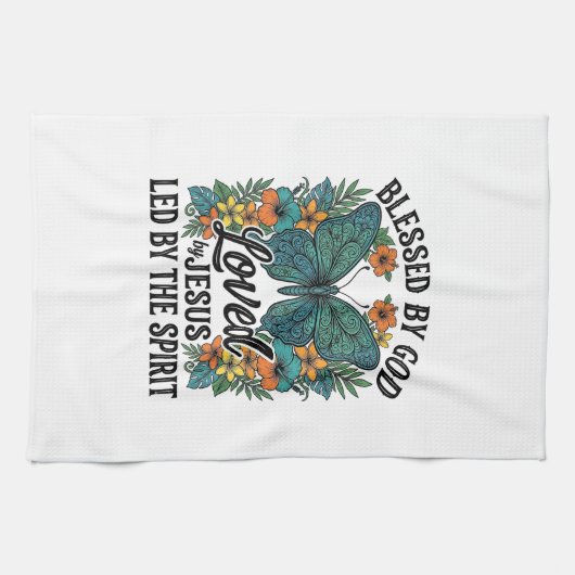 祝福された蝶のキリスト教Tシャツデザイン (2) キッチンタオル (横)