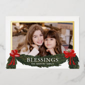 祝福のクリスマス写真 グリーン 箔シーズンカード (正面)