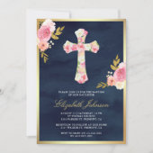 祝福のピンクの花のネイビーブルーゴールドの洗礼 招待状 (正面)