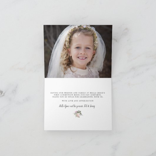 祝福のピンクの花のファーストコミュニオン写真感謝カード サンキューカード (内部)