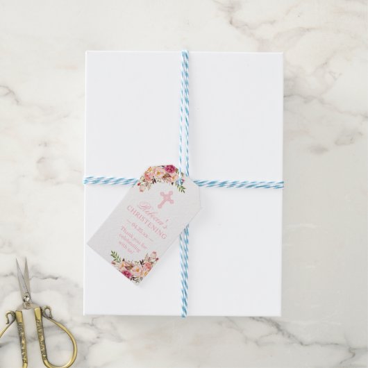 祝福のピンクの花の洗礼・ bapt christening 感謝 ギフトタグ (より糸付き)