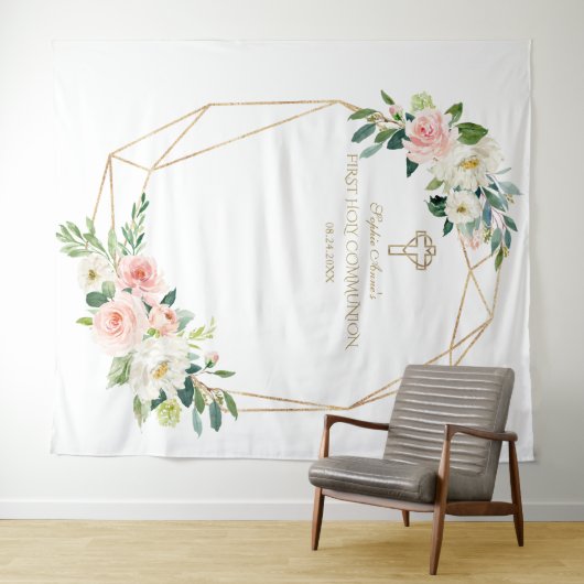 祝福の花を飾ったゴールドフレームの聖体拝領用背景 タペストリー (インサイチュ(横))