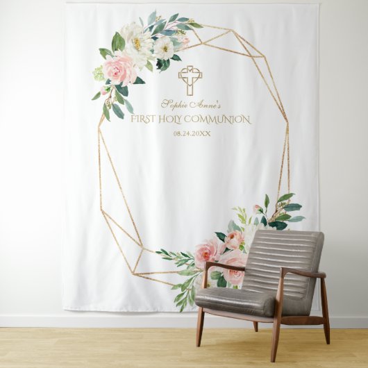 祝福の花を飾ったゴールドフレームの聖体拝領用背景 タペストリー (インサイチュ)